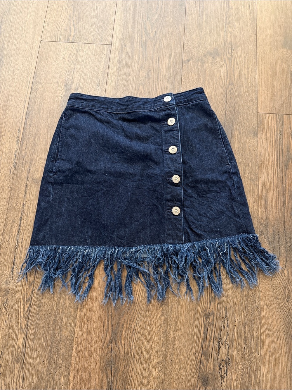 3x1 Navy Denim Mini Skirt with Button Front & Fringe Hem